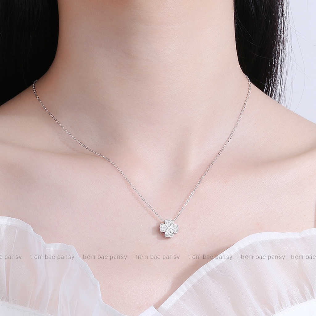 Dây chuyền bạc nữ PANSY mặt cỏ 4 lá đính đá, vòng cổ nữ cỏ may mắn bằng bạc thật