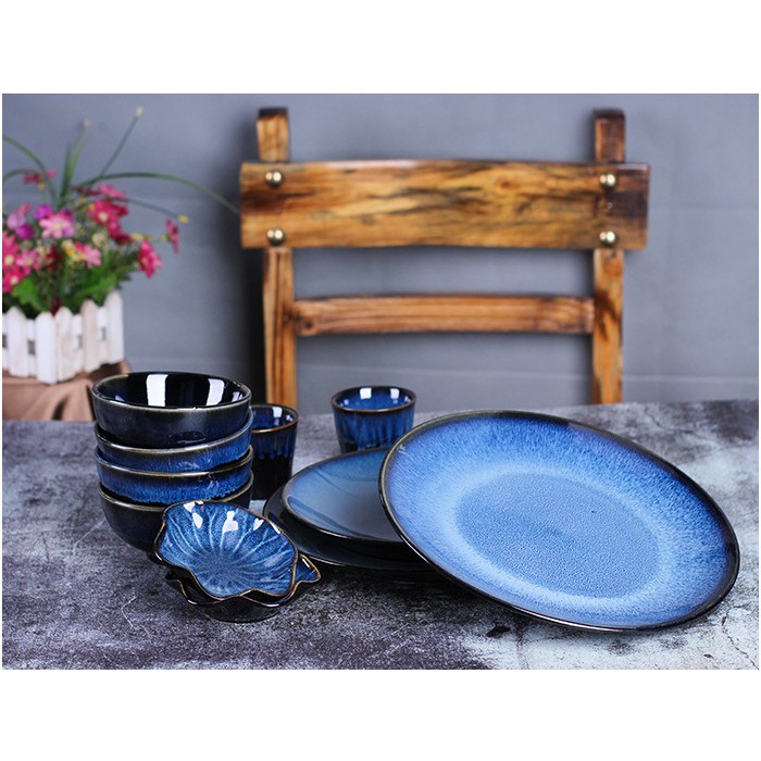 Đĩa phẳng men lam biếc phong cách Nhật 2 size 25 cm và 20 cm cao cấp