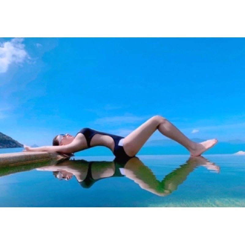 Bikini 1 Mảnh Cổ V Khoét Eo Phối Viền Trắng, Đồ Bơi Đi Biển Liền Thân Hở Lưng Gợi Cảm  - OS048