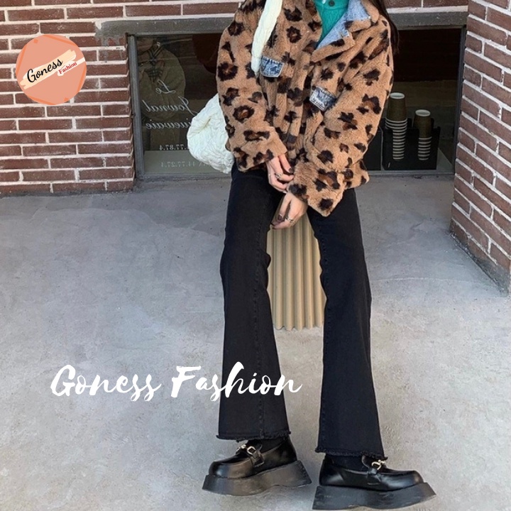 Quần bò ống loe Goness jean nữ retro cạp cao gấu rách màu đen phong cách Ulzzang
