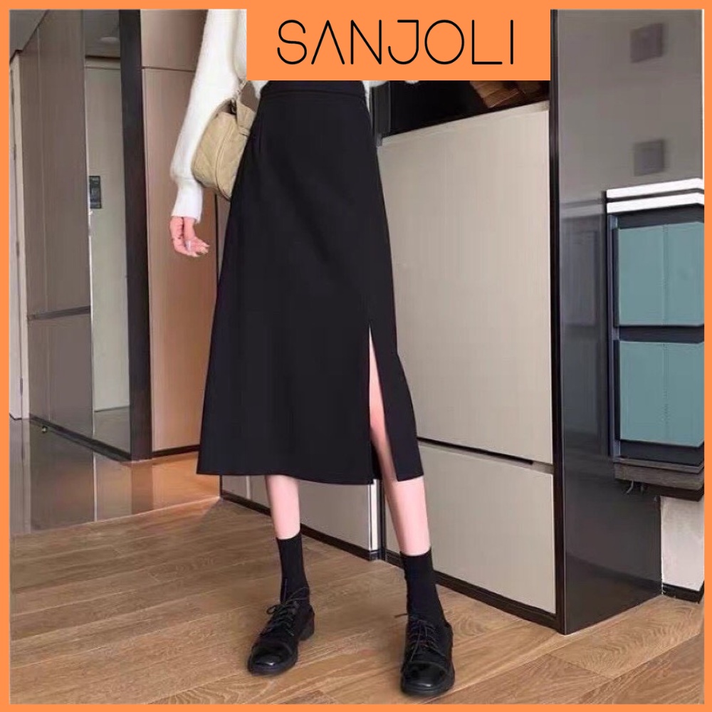Chân Váy Chữ A SANJOLI Chân Váy Dài Đen Công Sở Thiết Kế Qua Gối Ôm Body Dáng Midi Xẻ Tà Cạp Cao ulzzang Maxi CV001