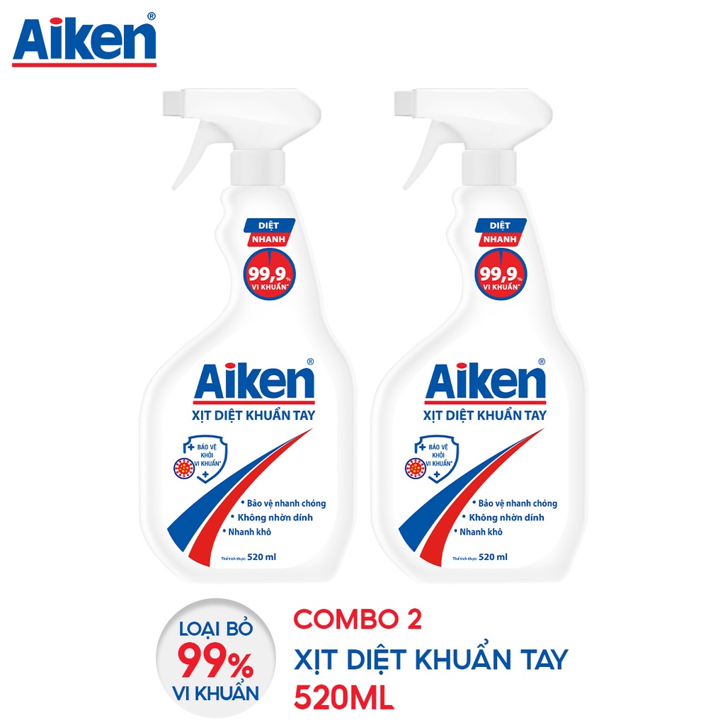 [MỚI] Combo 2 xịt diệt khuẩn tay Aiken 520ml