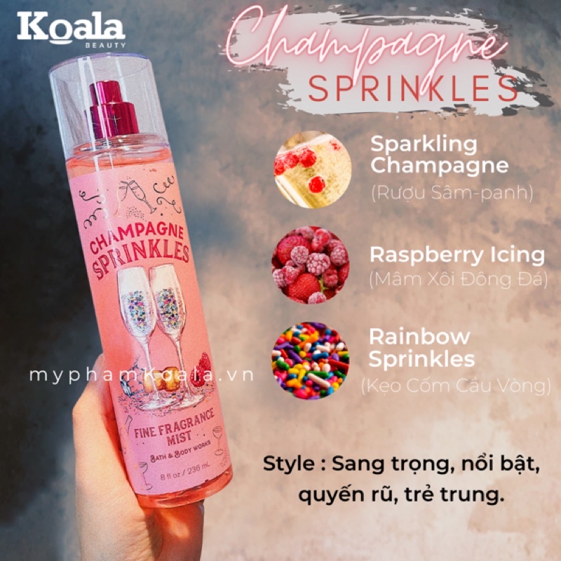 Xịt thơm toàn thân bodymist nước hoa Candied violet Sorbet, Honey suckle Peach tea, Champagne sprinkle