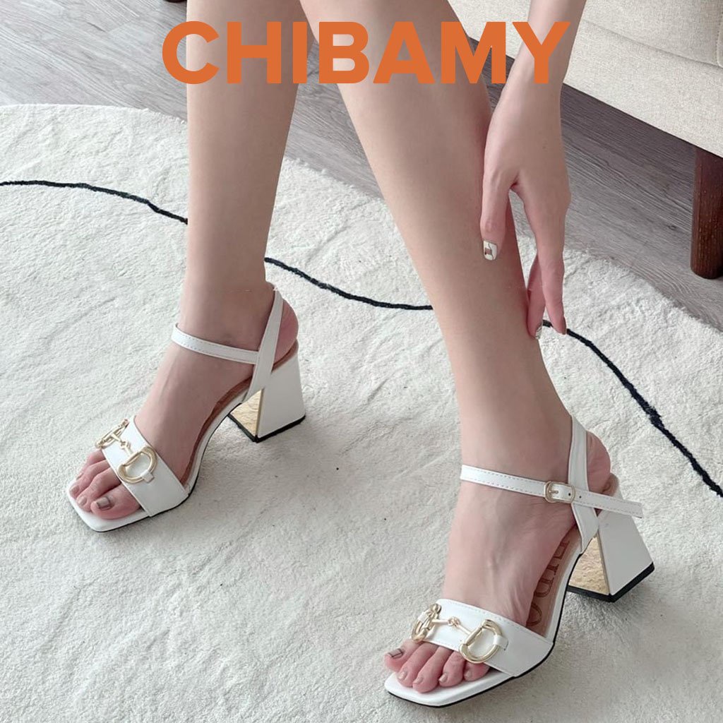 Giày Sandal cao gót nữ GuC chất da mềm CHIBAMY, dép quai hậu nữ gót vuông cao 7cm