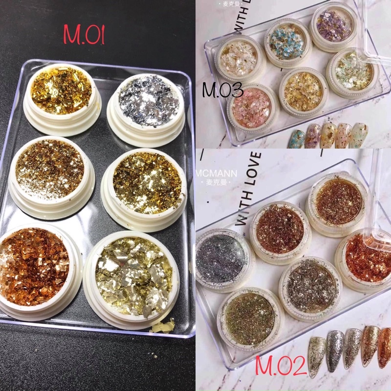 Set nhũ 6 màu ẩn gel, ẩn bột, phụ kiện nail, trang trí móng