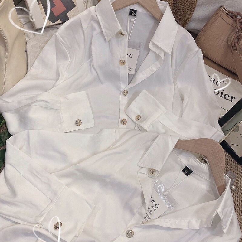 Áo sơmi lụa trắng tay dài khuy vàng
