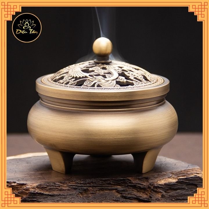 Lư đồng xông trầm hương đồ  thờ cúng xông trầm thay lư điện khắc sen tinh tế tặng kèm nhang vòng/ trầm nụ