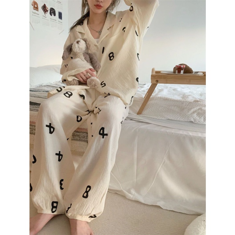 Bộ Đồ Ngủ Dài Tay In Chữ Thiết Kế Mới Thời Trang Dành Cho Mùa Xuân Thu
