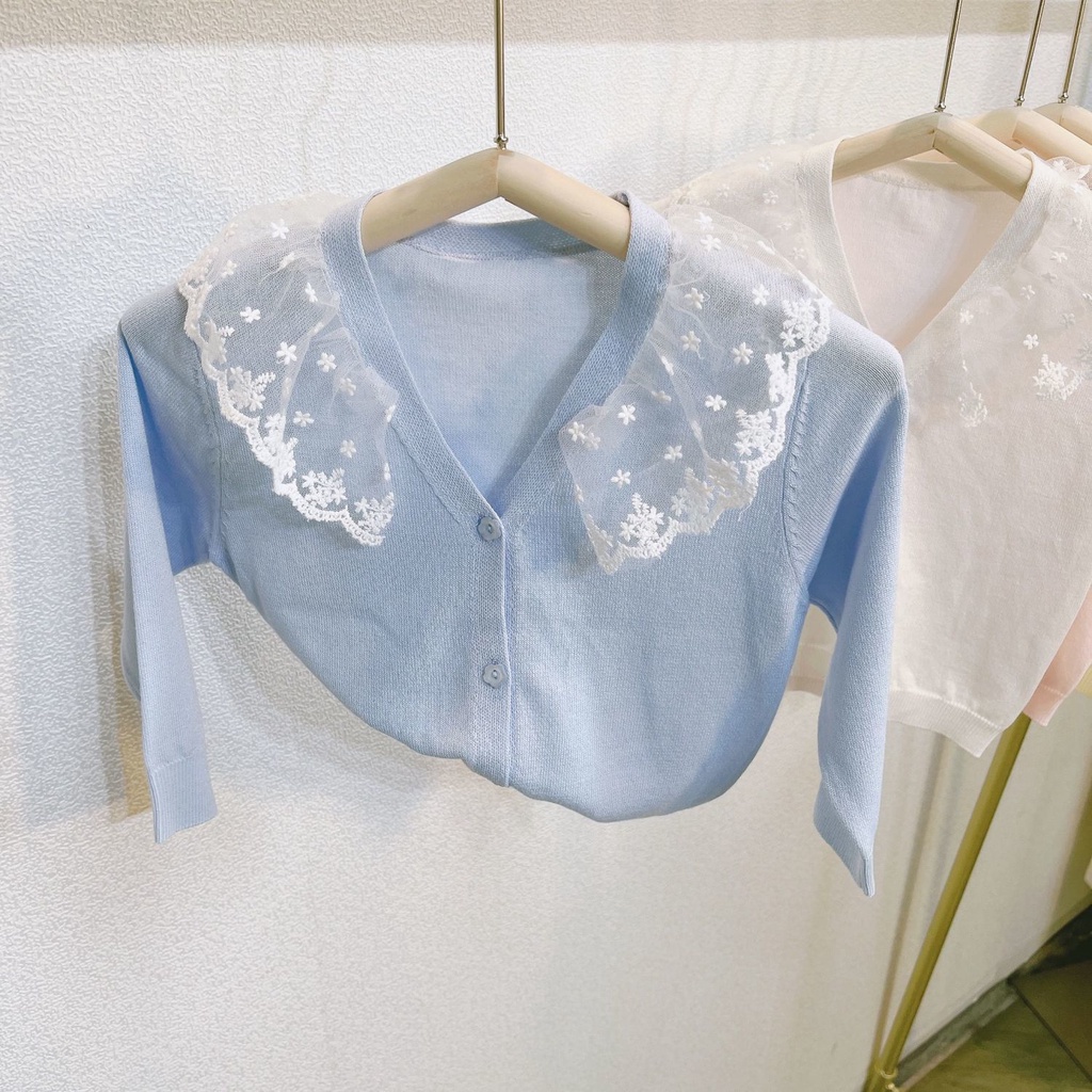 Áo Khoác Len Cardigan Mỏng Phối Ren Xinh Xắn Cho Bé Gái