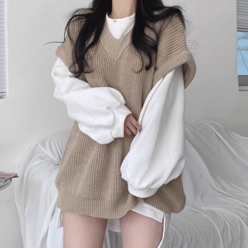 Áo len gile  + Áo Thun dài tay dáng rộng cổ áo len chữ V thời trang Hàn Quốc order Taobao 2021