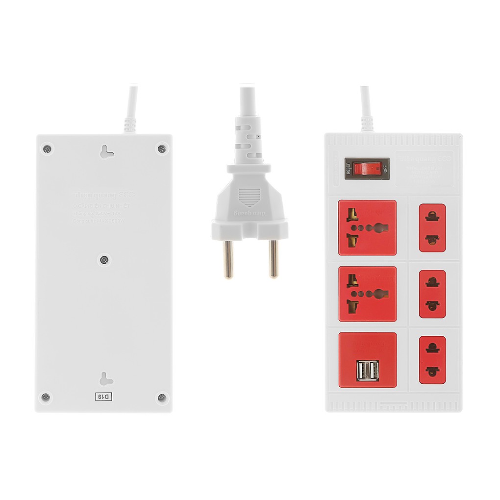 Ổ CẮM ĐIỆN QUANG ĐA NĂNG 2 CỔNG SẠC USB-2 Ổ CẮM 3 CHẤU-3 Ổ CẮM 2 CHẤU ĐQ ESK 2WR 5ECO 2A (2 MÉT DÂY - BẢO VỆ QUÁ TẢI)