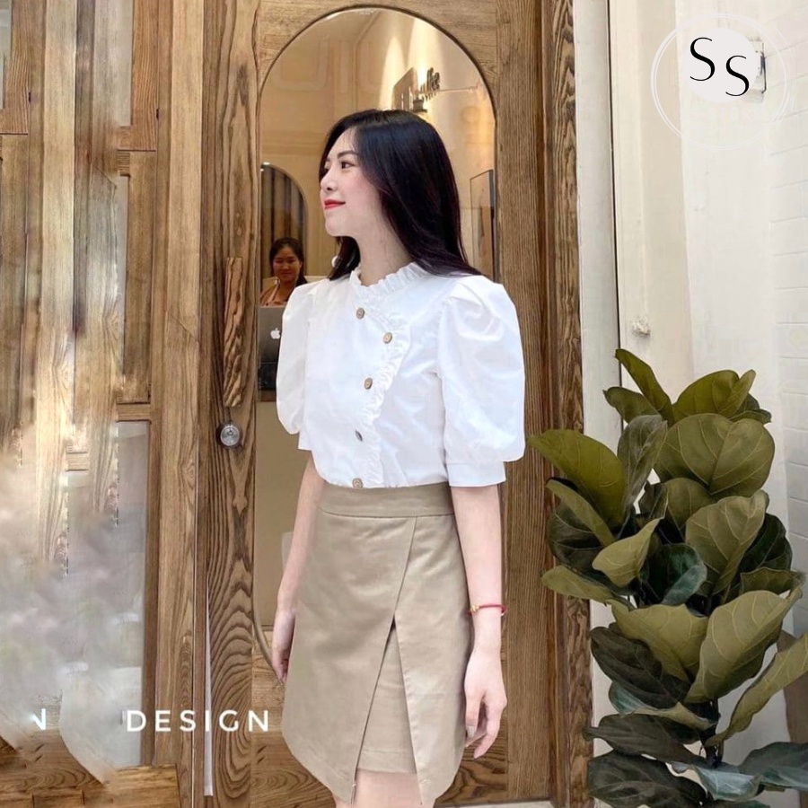 Áo Cổ Trụ Bèo Nút Gỗ Cài Lệch (TRẮNG)