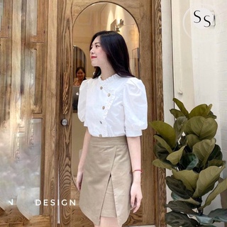 Áo Cổ Trụ Bèo Nút Gỗ Cài Lệch (TRẮNG)