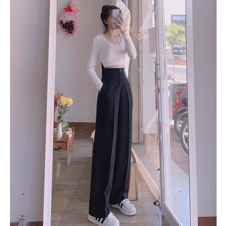 Quần Ống Rộng Suông Lưng cao Khóa Trước 1 Khuy Giữa Chất Vải tuyết Mưa Đen Quần Culottes Ống Xuông Cạp Cao Dáng Tây Dài