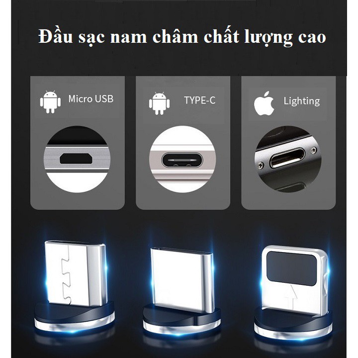 [siêu rẻ] Cáp sạc từ hút nam châm | micro USB | Type C xoay 360 độ dây dù,có LED cao cấp