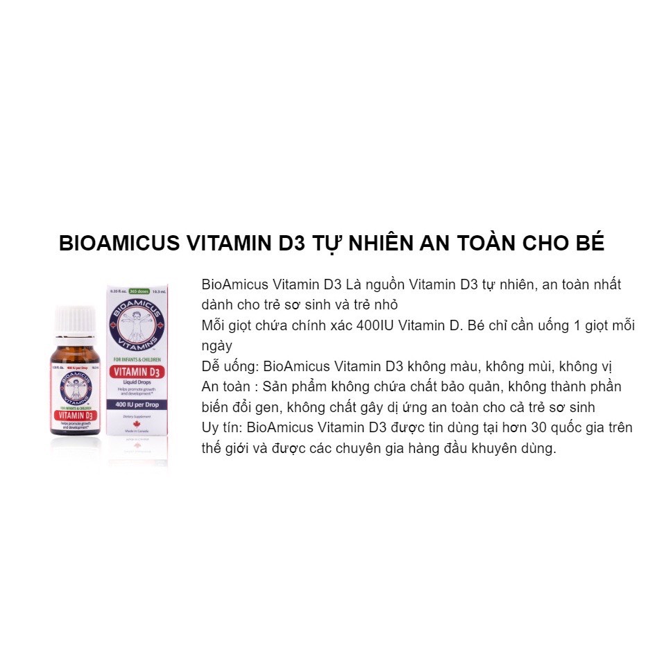 Bioamicus Vitamin D3 Bổ Sung Vitamin D3 Cho Cơ Thể, Tăng Cường Hấp Thu Calcium, Hỗ Trợ Phát Triển Xương, Răng - 10ml