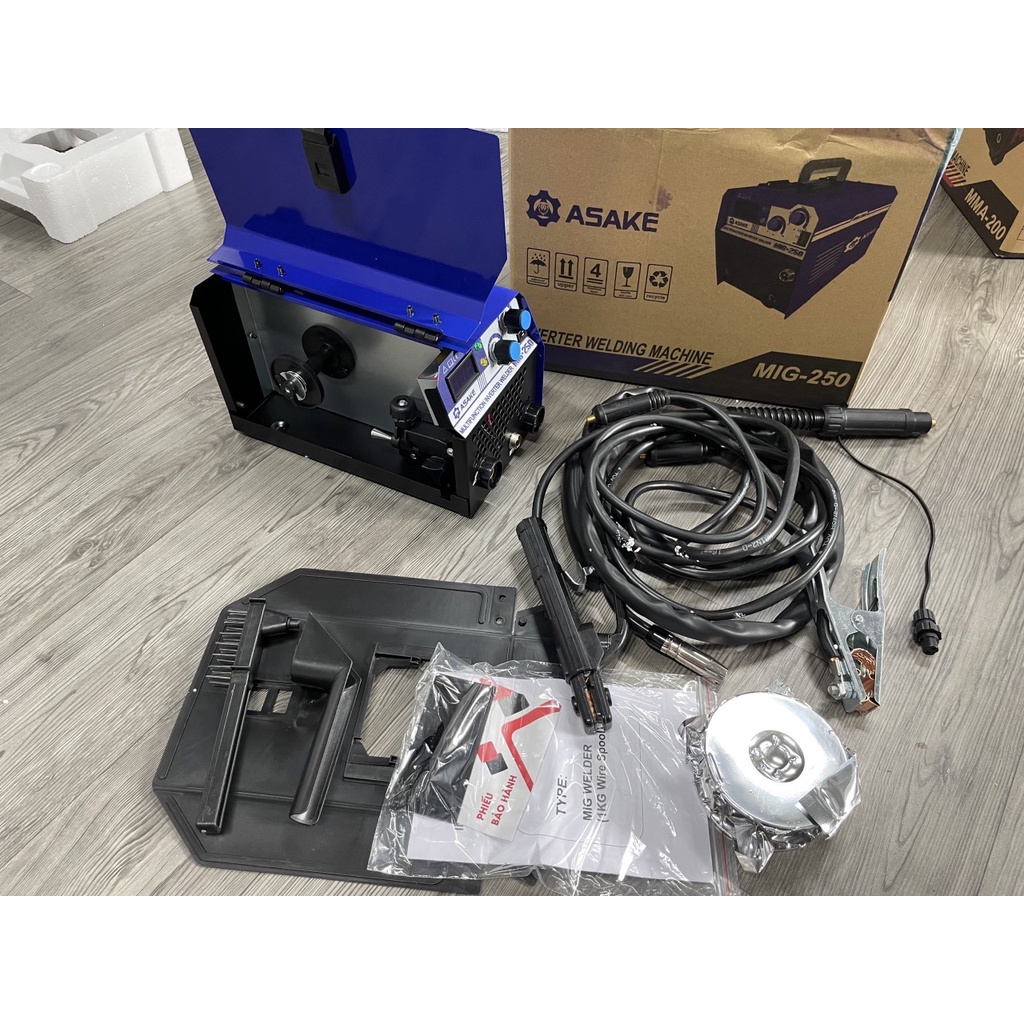Máy hàn Mig không dùng khí cuộn 1kg và hàn que MIG 250 Asake - Dây rời 3m - tặng cuộn dây 1kg