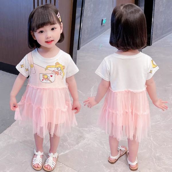 Đầm Công Chúa Tay Ngắn Phối Lưới Họa Tiết Hoạt Hình Phong Cách Hàn Quốc Cho Bé Gái