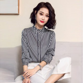 Áo sơ mi sọc cổ trụ viền bèo