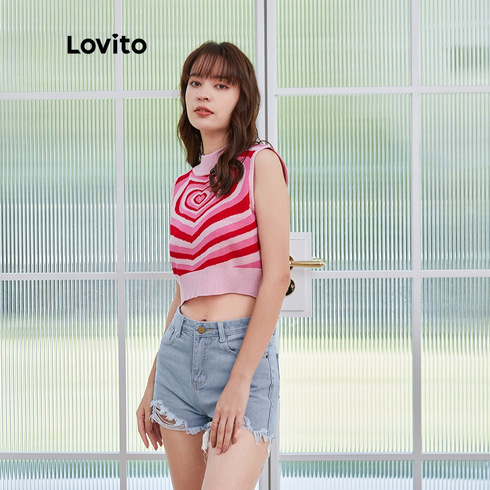 Áo Lovito cổ tròn không tay in họa tiết trái tim dáng ôm thời trang thường ngày cho nữ L04160 (màu hồng) | BigBuy360 - bigbuy360.vn