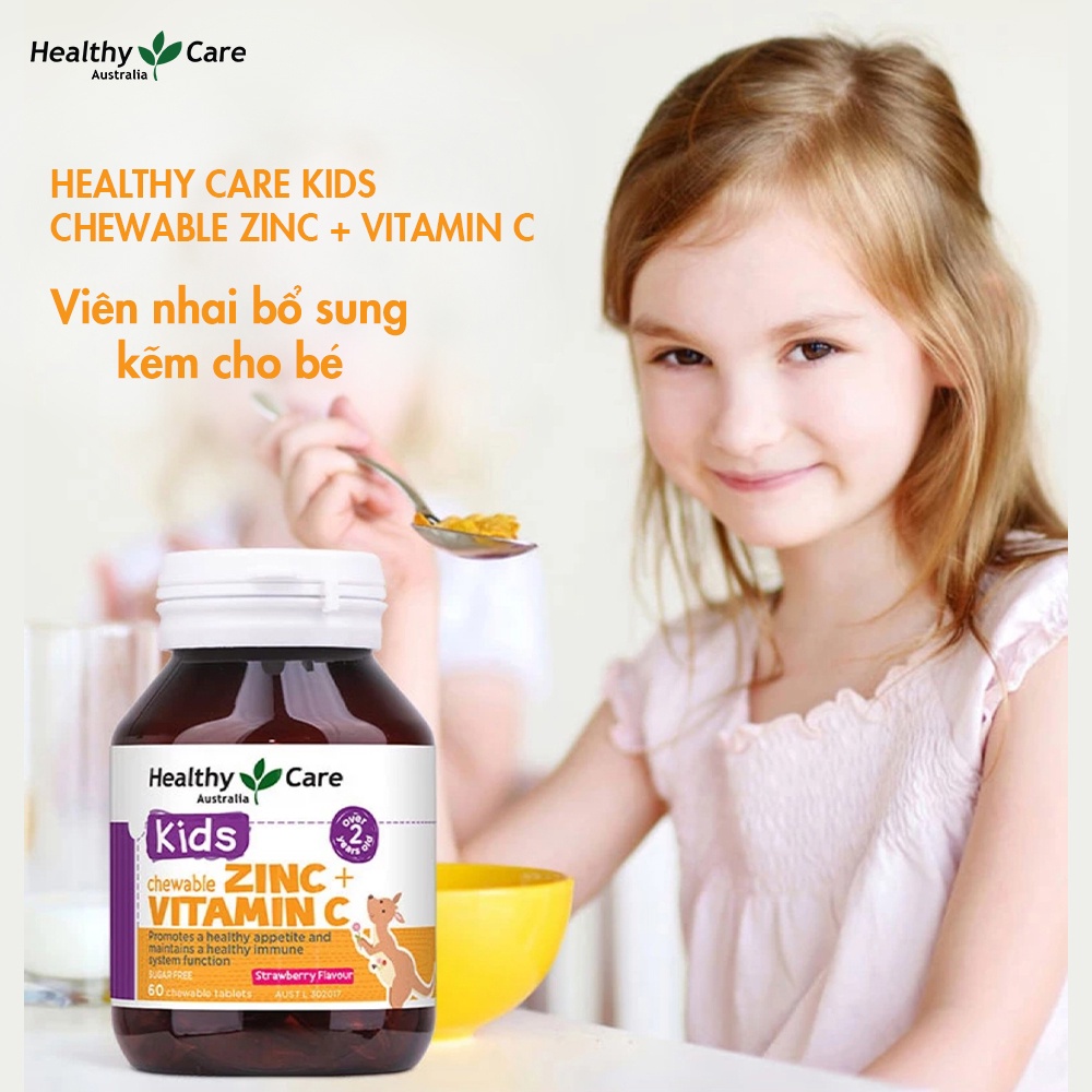 Combo 2 hộp Viên Nhai Healthy Care Kids Chewable Vị Dâu Bổ Sung Kẽm Và Vitamin C Cho Bé (60 Viên)