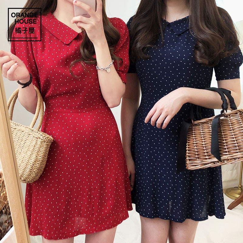 đầm voan ulzzang cổ sen chấm bi nhí tay ngắn quảng châu ORDER