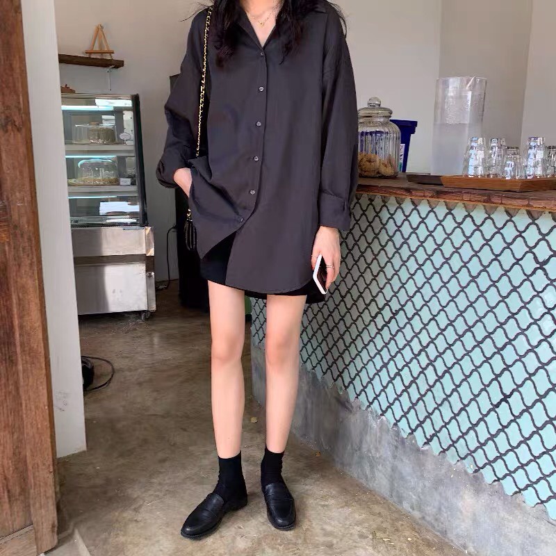 Áo Sơ Mi Nữ Form Rộng TRƠN công sở Basic Unisex Dài Tay Trắng và Đen Kiểu áo sơ mi nữ Bigsize suông Havichi