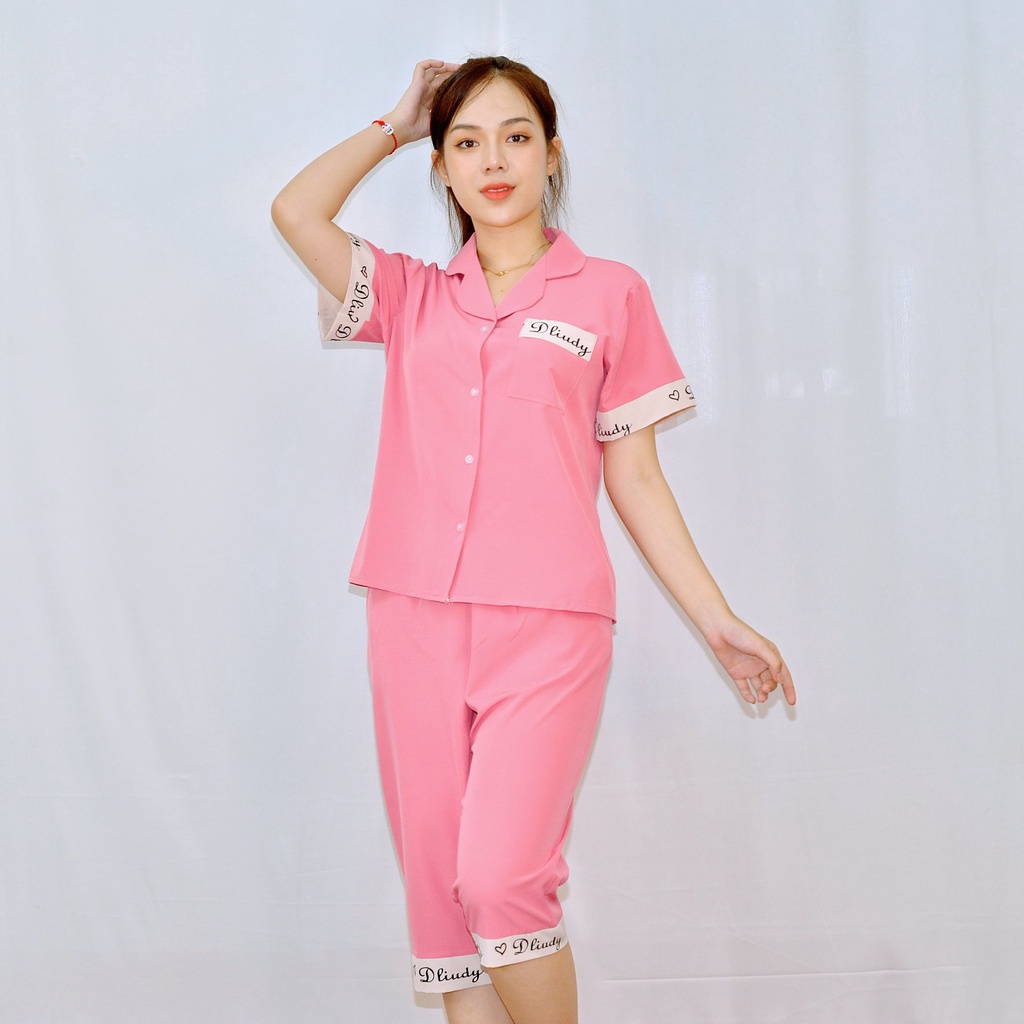 Bộ đồ bộ HỒNG PHA CHỮ tay ngắn quần lửng vải lụa cao cấp - Thoải Mái- Nhẹ Nhàng -Co giãn nhẹ