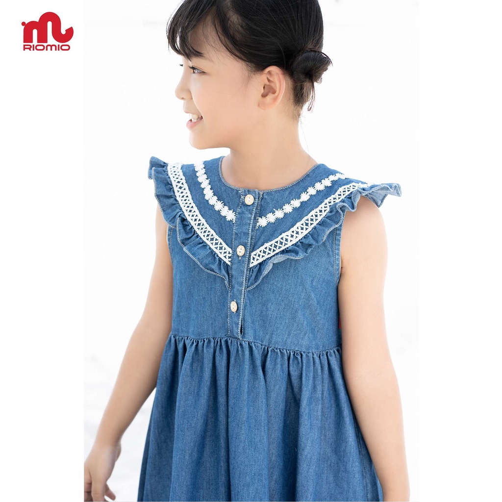 Váy jean bé gái 3-11 tuổi (15-40kg) dáng suông RIOMIO cổ phối ren 100% cotton USA cao cấp cho bé - RO216