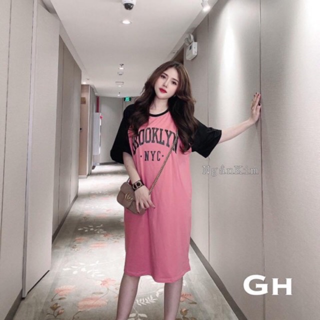 Đầm suông tay lỡ chất cotton in chữ NYC from rộng hai màu - Váy ngủ xuông tay phối dáng dài freesize dạo phố
