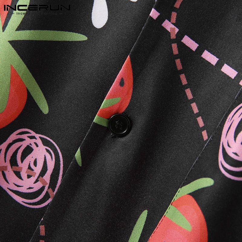 Áo sơ mi INCERUN croptop ngắn tay dáng rộng in hình dâu tây thời trang mùa hè cho nam