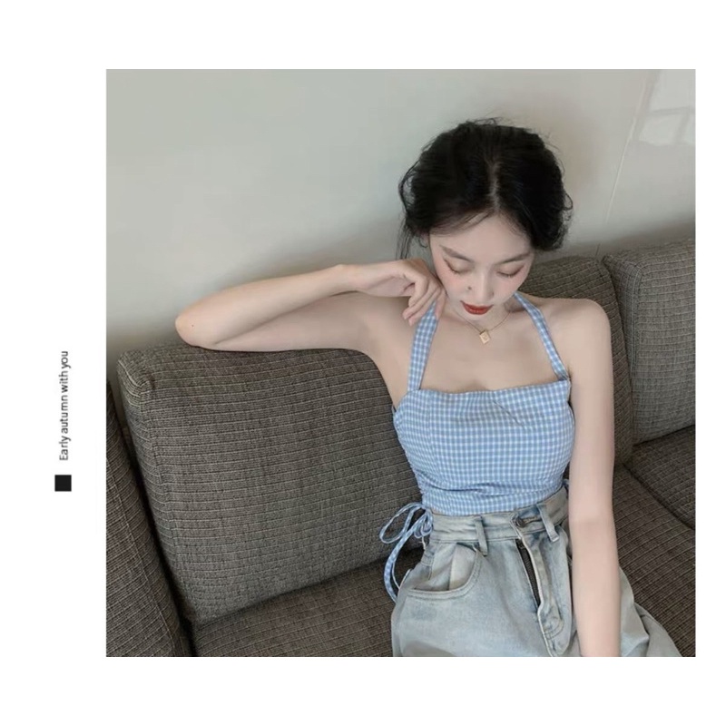 SET ÁO CROPTOP CARO XANH RÚT DÂY HÔNG KÈM ÁO KHOÁC TRẮNG