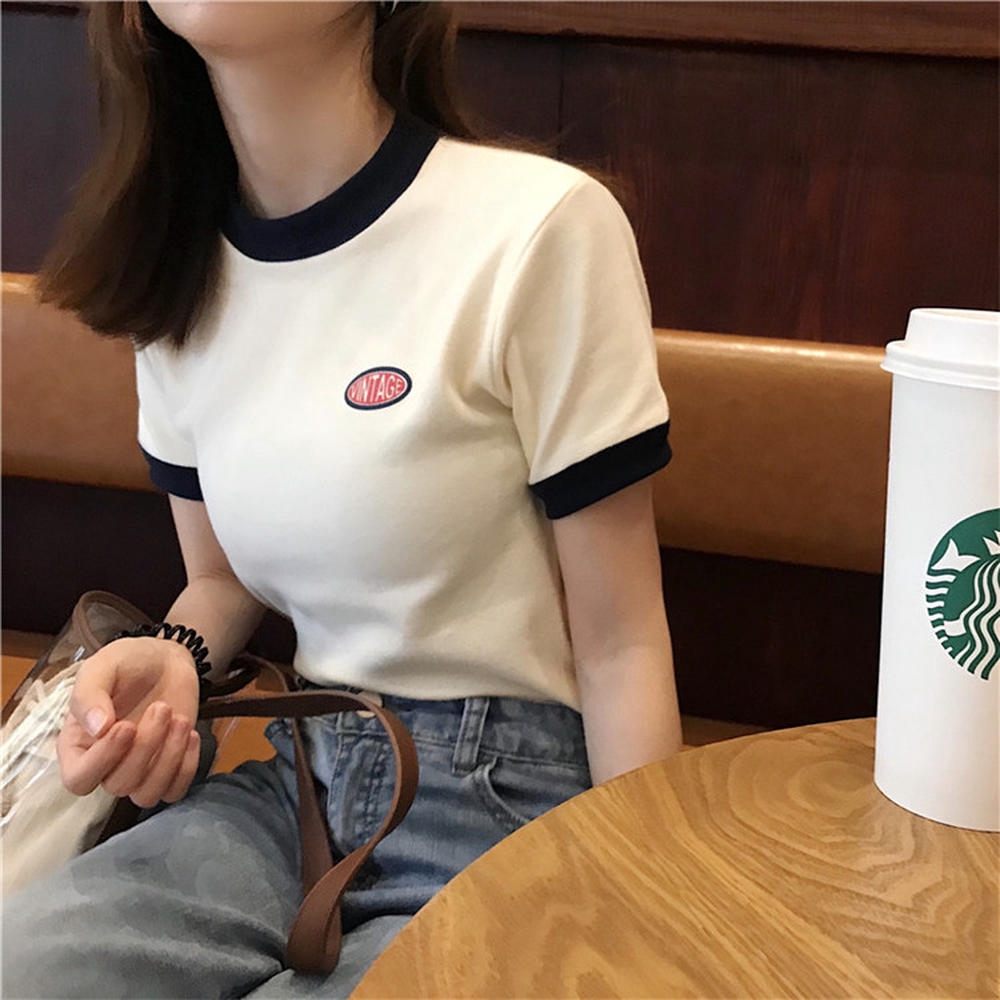 Áo Thun cotton Croptop Ngắn Tay In Họa Tiết Tương Phản Cá Tính - 27220