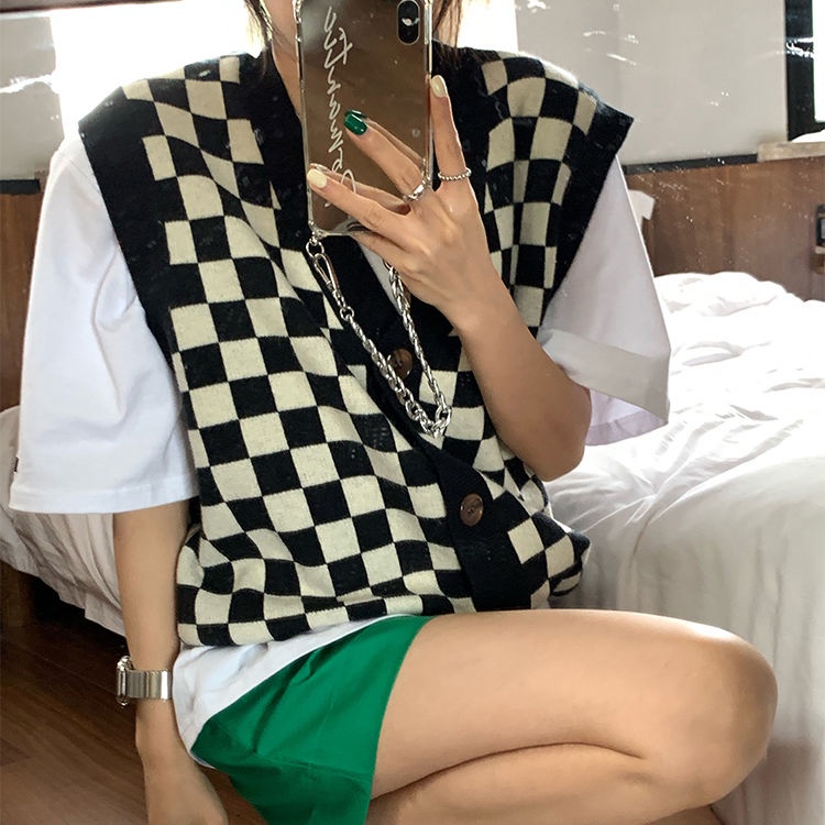 Áo khoác cardigan dệt kim họa tiết bàn cờ mới năm 2021