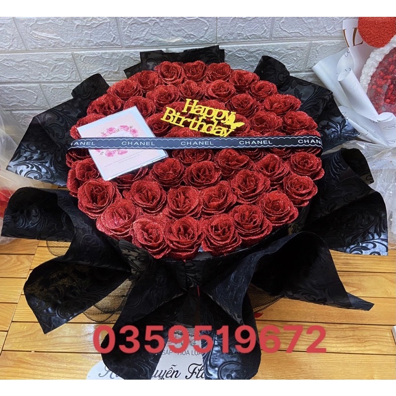 [Quà sinh nhật] Bó hoa hồng sáp nhũ 50 bông vĩnh cửu tặng kèm đèn nháy và thiệp ( nhận làm theo màu yêu cầu)