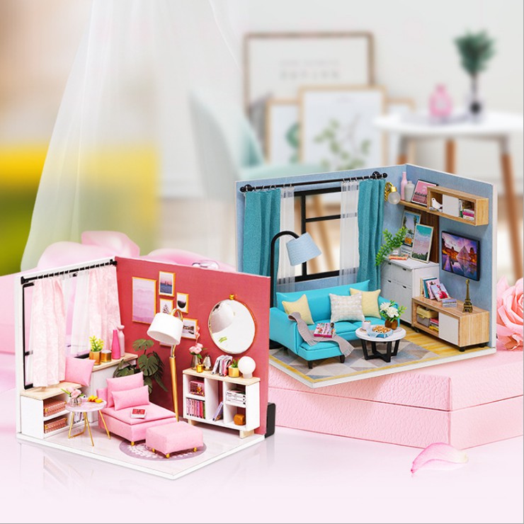 Mô hình nhà DIY Doll House Corner of Living Room Kèm MICA chống bụi, Bộ dụng cụ và Keo dán