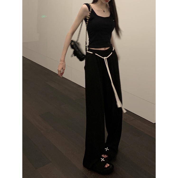 Quần thể thao ZHELIHANGFEI lưng cao có dây thắt ống rộng thời trang năng động