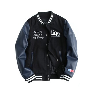 ÁO BOMBER MLBNY DẠ PHỐI TAY DA MÀU ĐEN