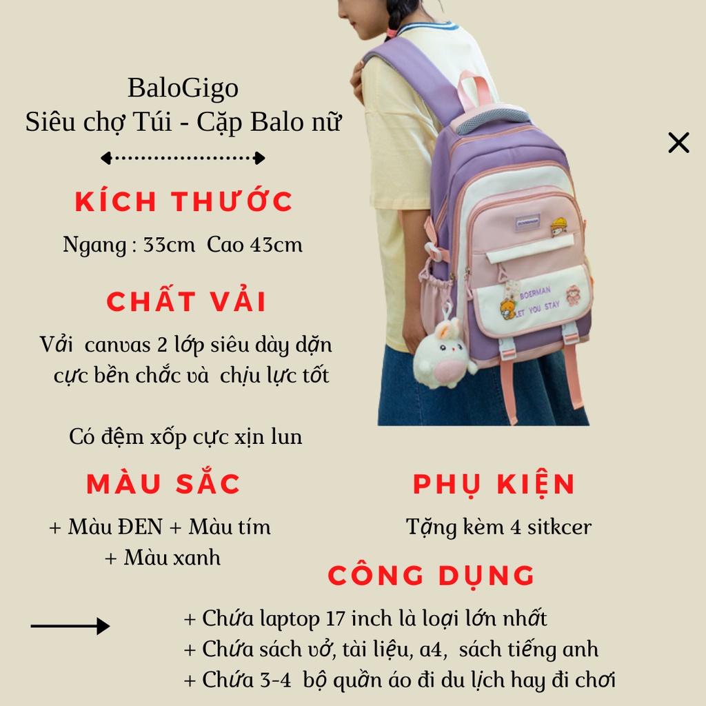 Cặp đi học nữ cao cấp cho học sinh cấp 2 cấp 3 tặng kèm 4 sticker G201 - BaloGigo