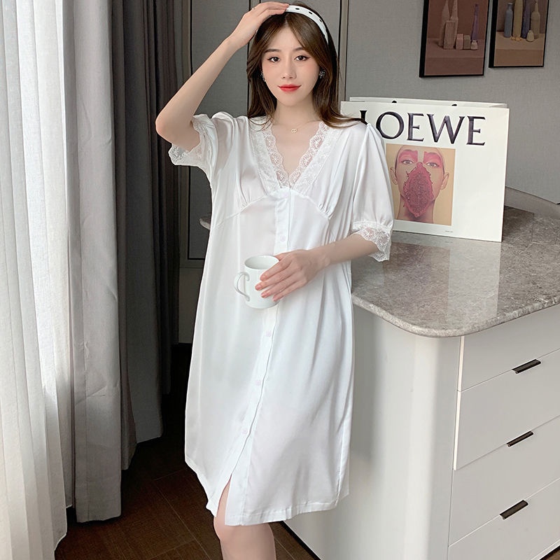 Đầm ngủ tay ngắn chất lụa màu trơn phong cách Hàn Quốc dễ thương thời trang mùa hè cho nữ