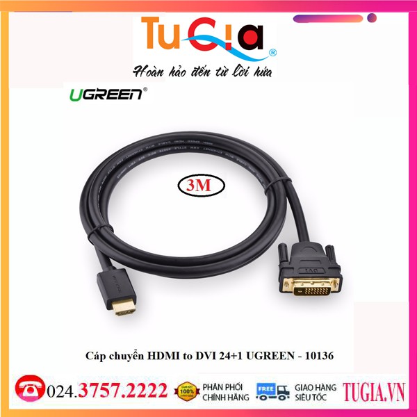 Cáp HDMI To DVI ( 24+1 ) 3M Ugreen 10136-Hàng Chính Hãng