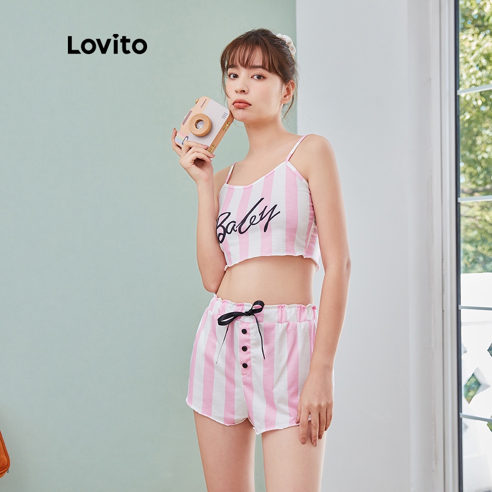 Set trang phục Lovito in họa tiết chữ thiết kế khuy phía trước kiểu dáng vừa vặn L04105 (Màu hồng)