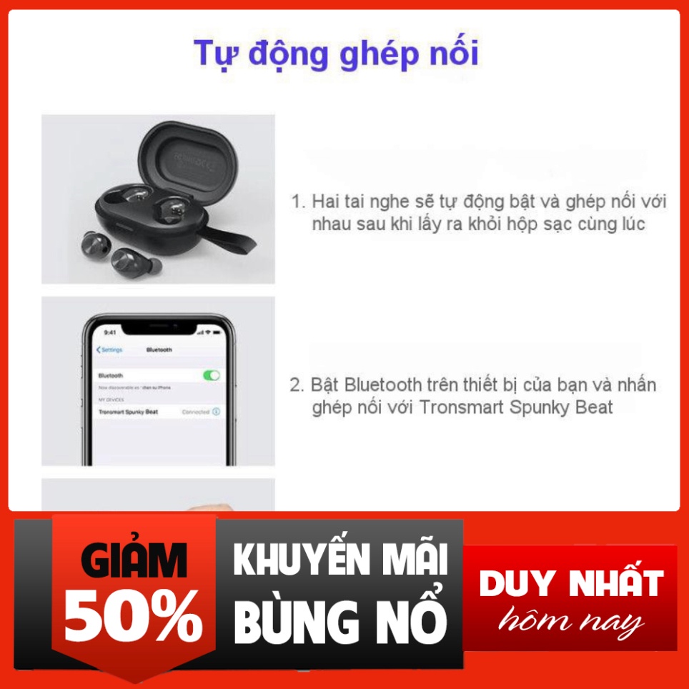 HÀNG CHUẨN GIÁ RẺ ✪ CHÍNH HÃNG ✪ Tronsmart Spunky Beat | Tai nghe Bluetooth không dây 5.0 chống nước IPX5 tích hợp công