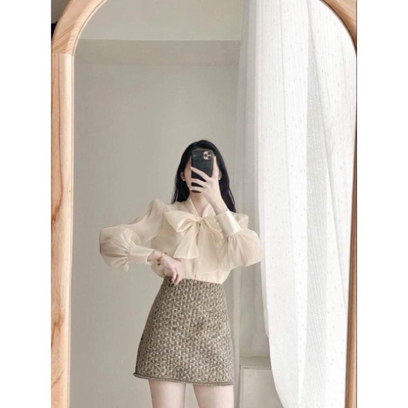 Áo sơ mi tay bồng cổ nơ khuy ngọc tiểu thư 2 lớp mặc tết, đi làm cực xinh mầu trắng, babydoll ulzzang mềm nội y xanh