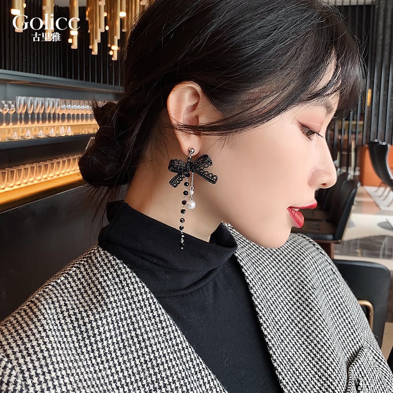 Khuyên tai tua rua màu đen đính nơ phong cách Hàn Quốc đơn giản hợp thời trang