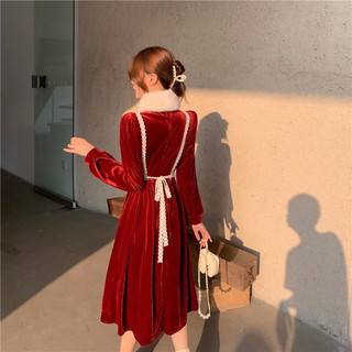 (order) SET VÁY NHUNG PHỐI VIỀN REN + CHOÀNG CỔ LÔNG
