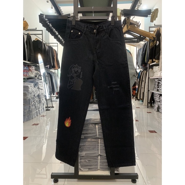 QUẦN JEANS ỐNG RỘNG NAM NỮ T-A-N DÁNG SUÔNG PHONG CÁCH HÀN QUỐC-QJI021-THỜI TRANG UNISEX-Full size hình in,màu đen