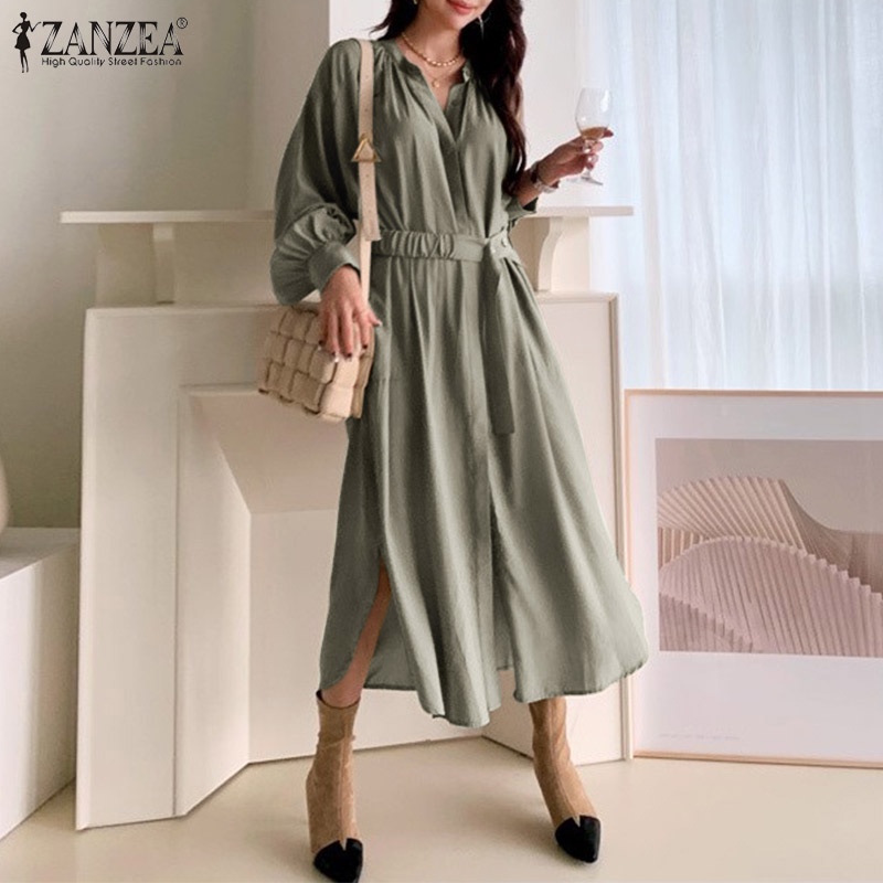 Đầm ZANZEA dáng dài tay phồng cài nút trước thời trang cho nữ