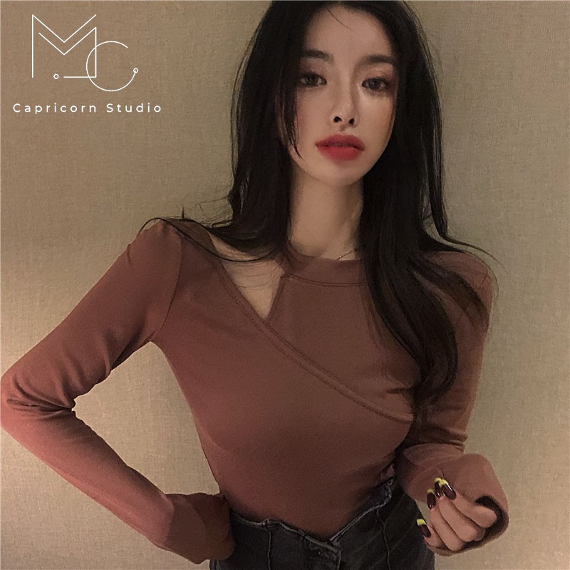 Áo thun dài tay thiết kế khoét vai sexy quyến rũ phong cách Ulzzang 2021