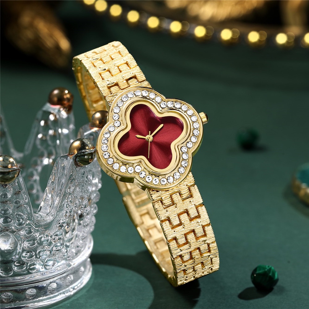 Đồng Hồ Quartz Nữ Mặt Cỏ Bốn Lá Đính Hột Xoàn Dây Thép Không Gỉ Sang Trọng